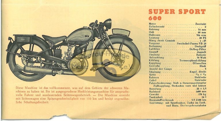 DKW Super Sport 600 Technisches Datenblatt, Prospekte